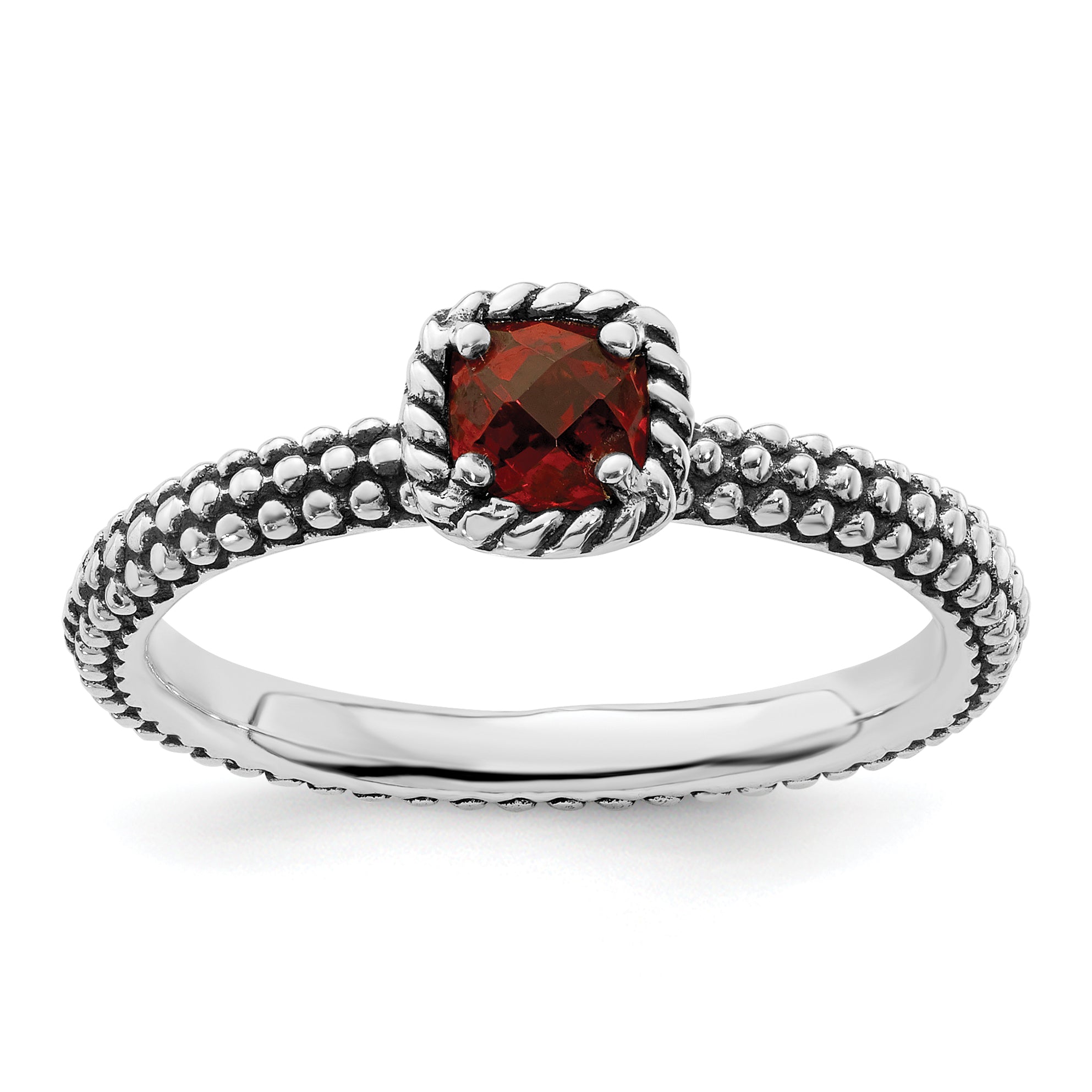 Sterling Silver Stackable Expressions Checker-cut Garnet Antiqued Ring