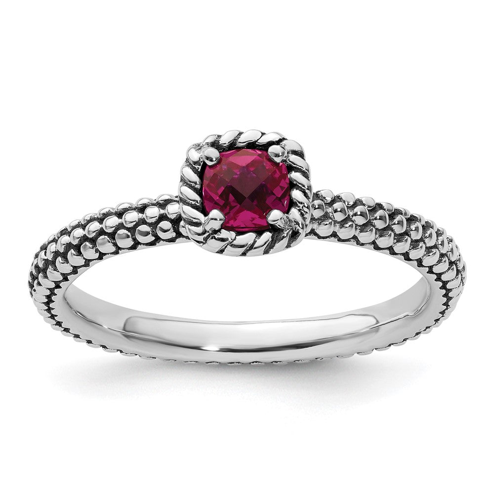 Sterling Silver Stackable Expressions Checker-cut Cr Ruby Antiqued Ring