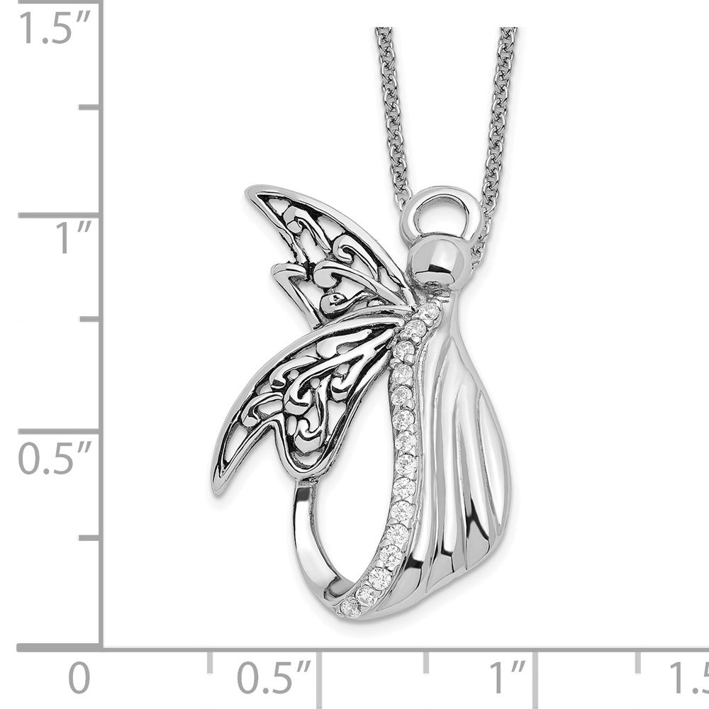 Sentimental Expressions Sterling Silver Rhodium-plated CZ Antiqued Angel of Perseverance 18in Necklace