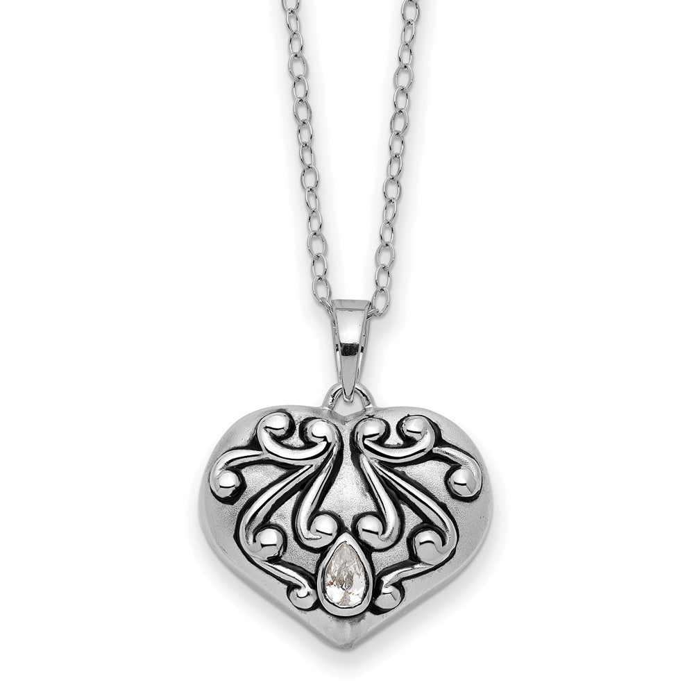 Sentimental Expressions Sterling Silver Rhodium-plated Antiqued CZ Heart Remembrance Ash Holder 18 Inch Necklace