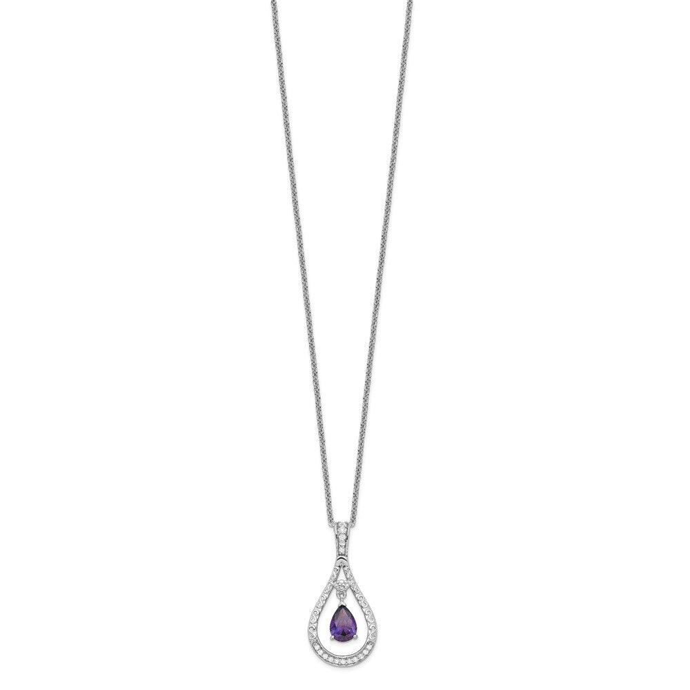 Sentimental Expressions Sterling Silver Rhodium-plated Feb. CZ Stone Never Forget Tear 18 Inch Birthstone Necklace