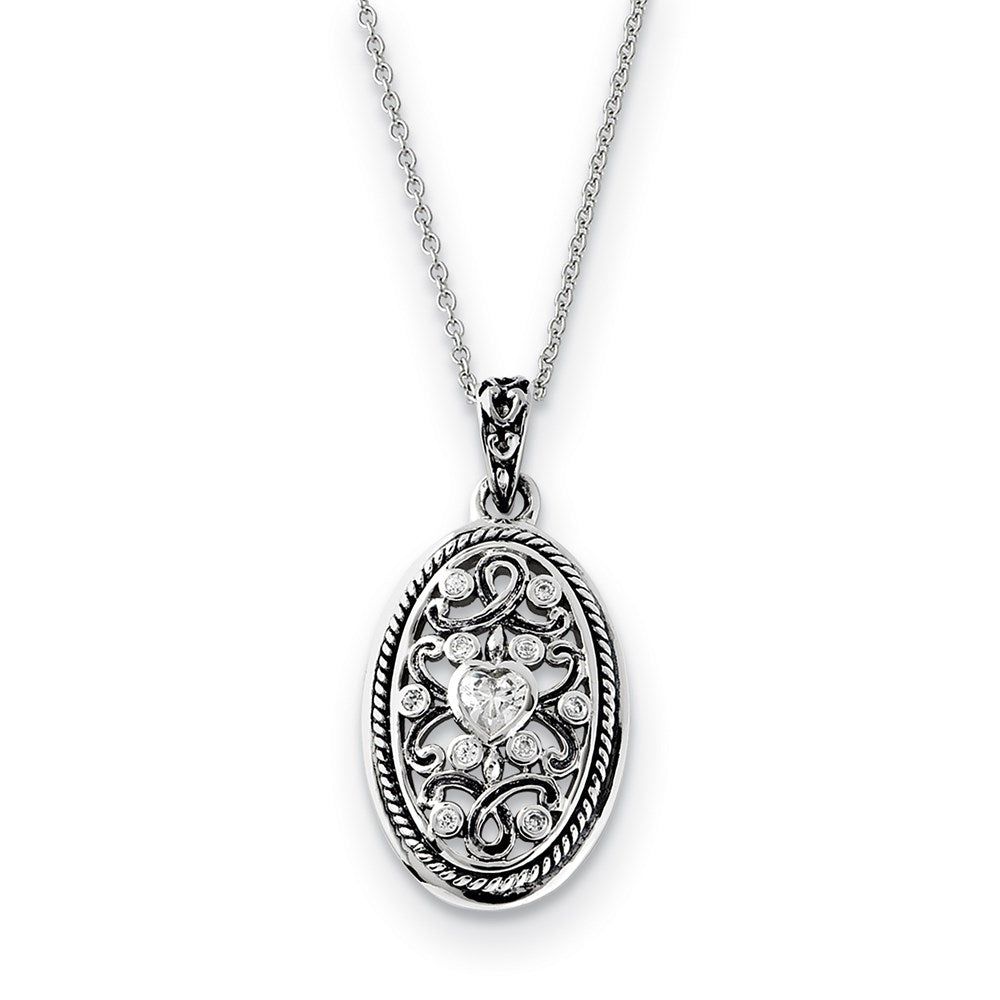 Sterling Silver Antiqued CZ Because Of You 18in Necklace