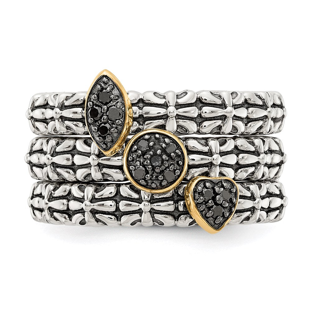 Sterling Silver w/14k Black Diamond 3 Stackable Rings