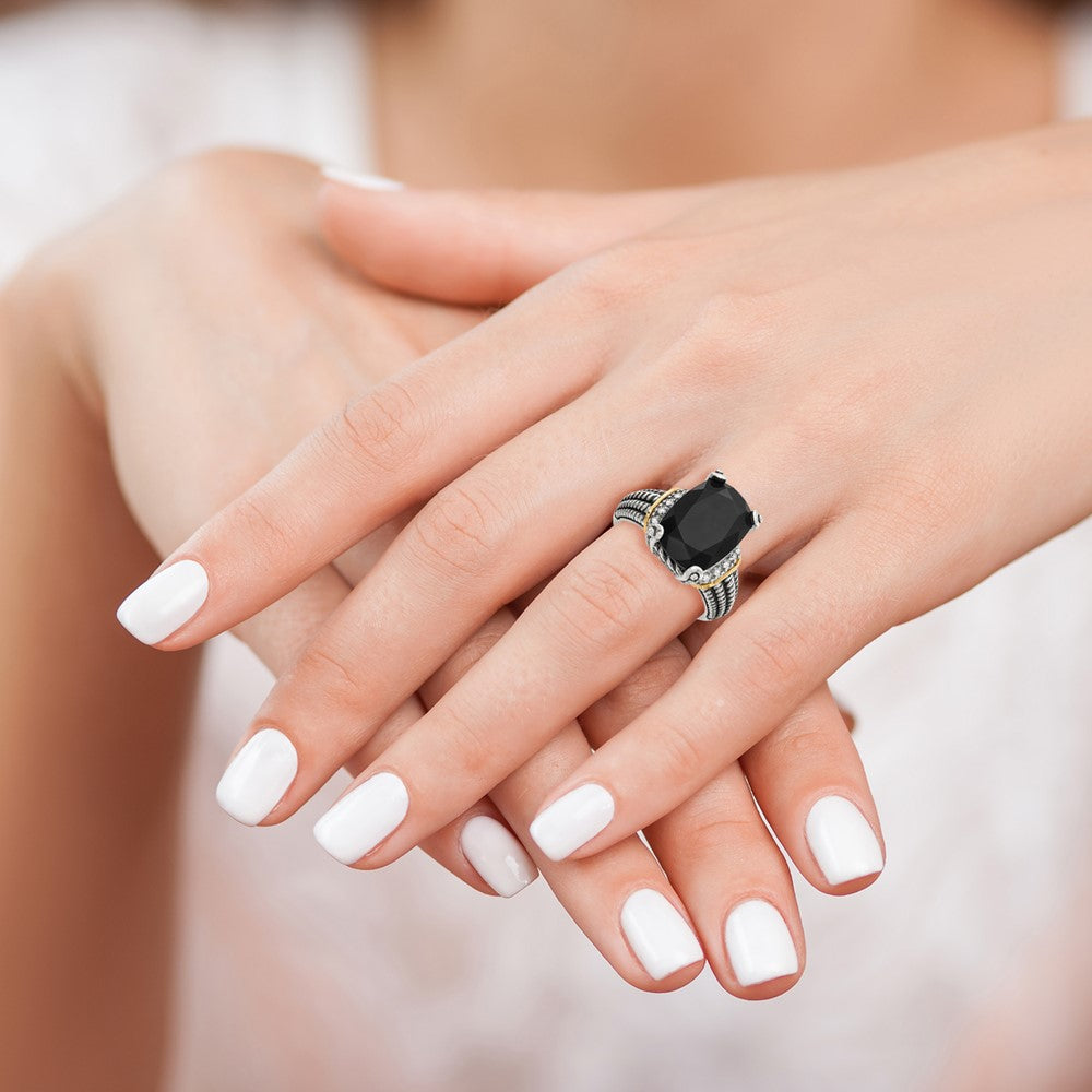 Shey Couture Sterling Silver with 14K Accent Antiqued Black Onyx and White Diamond Ring