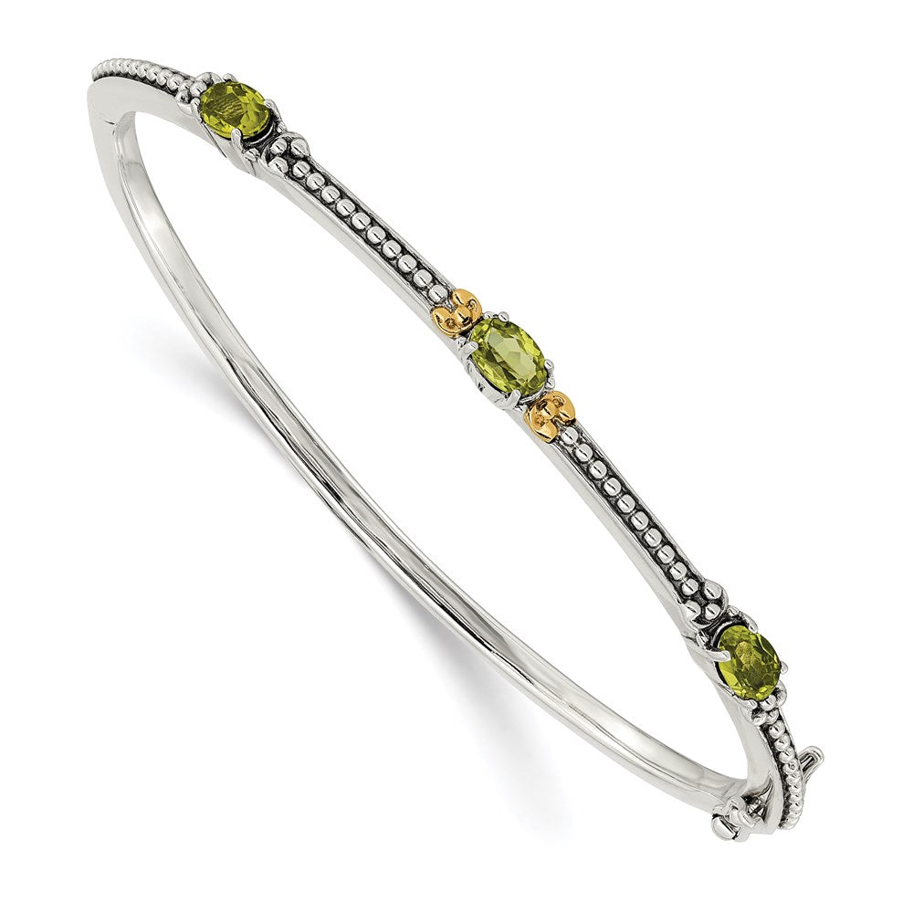 Shey Couture Sterling Silver with 14K Accent Antiqued Oval Peridot Hinged Bangle