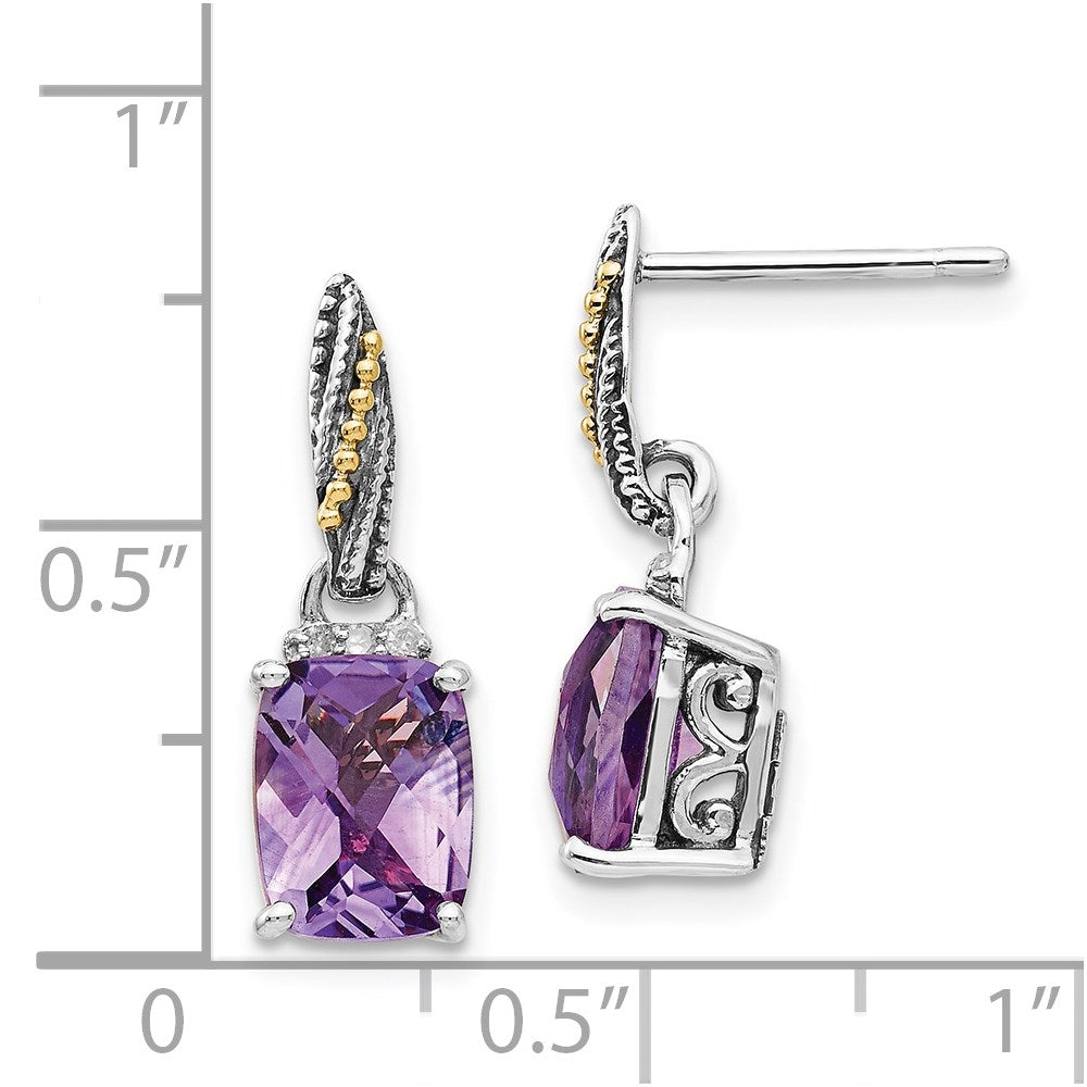 Shey Couture Sterling Silver with 14K Accent Antiqued Diamond and Cushion Amethyst Dangle Post Earrings