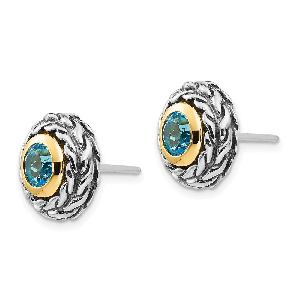 Shey Couture Sterling Silver with 14K Accent Antiqued Round Bezel Light Swiss Blue Topaz Post Earrings