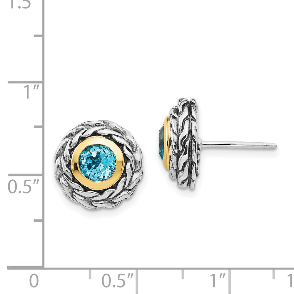 Shey Couture Sterling Silver with 14K Accent Antiqued Round Bezel Light Swiss Blue Topaz Post Earrings