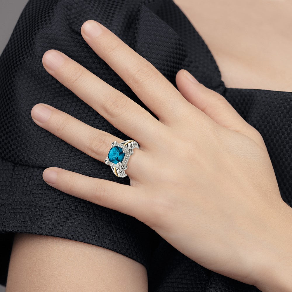 Shey Couture Sterling Silver with 14K Accent Antiqued London Blue Topaz and Diamond Ring