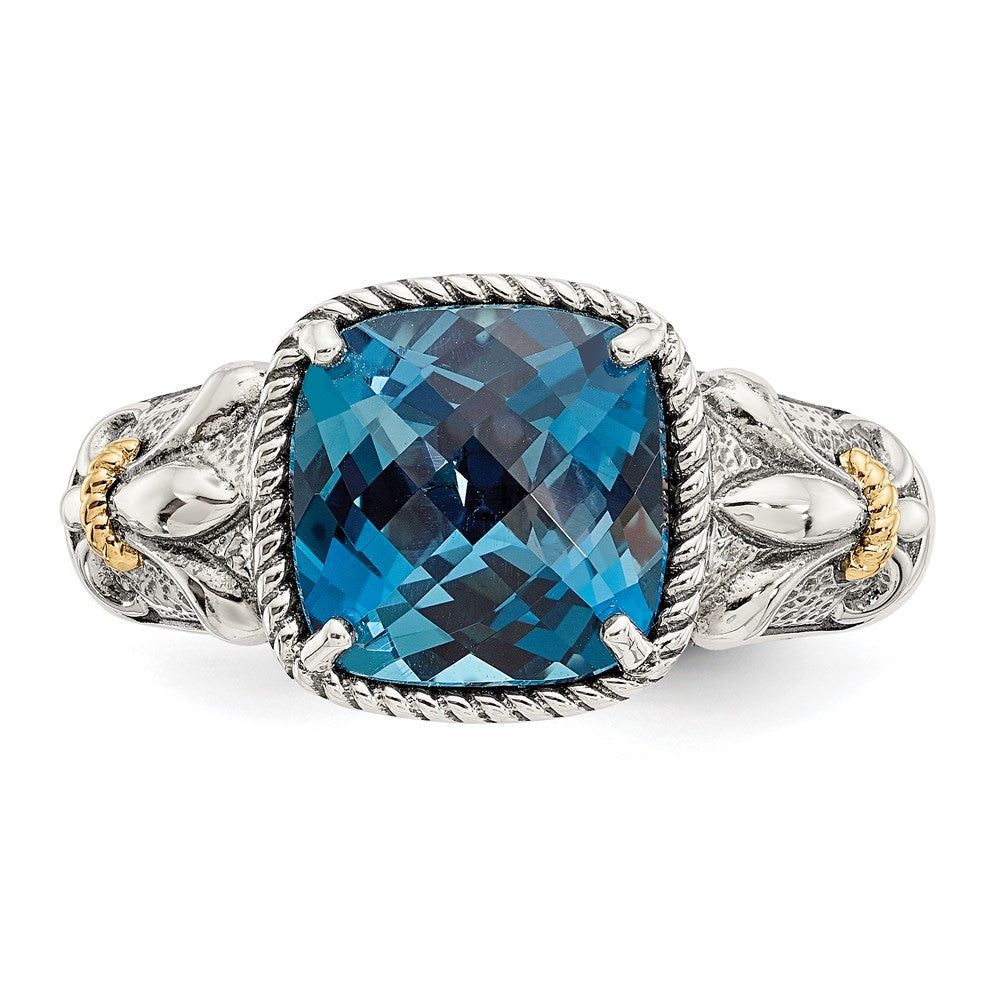 Shey Couture Sterling Silver with 14K Accent Antiqued Checkerboard Cushion London Blue Topaz Ring