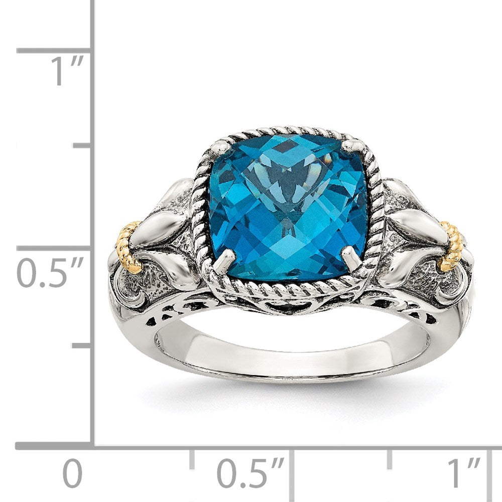 Shey Couture Sterling Silver with 14K Accent Antiqued Checkerboard Cushion London Blue Topaz Ring