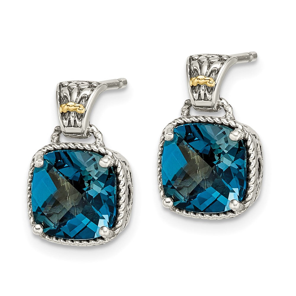 Shey Couture Sterling Silver with 14K Accent Antiqued Cushion London Blue Topaz Post Dangle Earrings