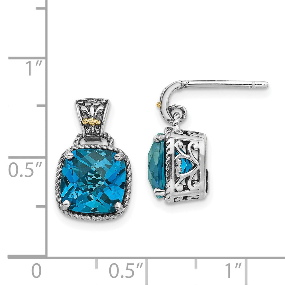 Shey Couture Sterling Silver with 14K Accent Antiqued Cushion London Blue Topaz Post Dangle Earrings