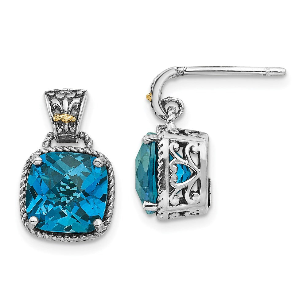 Shey Couture Sterling Silver with 14K Accent Antiqued Cushion London Blue Topaz Post Dangle Earrings