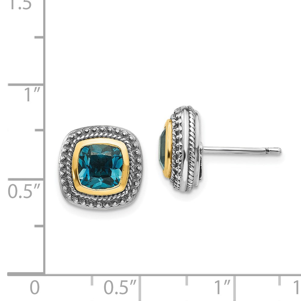 Shey Couture Sterling Silver with 14K Accent Antiqued Cushion London Blue Topaz Post Earrings