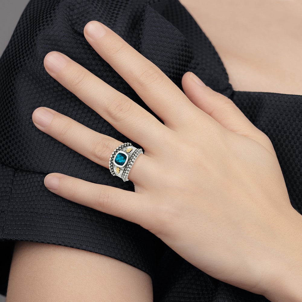 Shey Couture Sterling Silver with 14K Accent Antiqued Checkerboard Cushion London Blue Topaz Ring