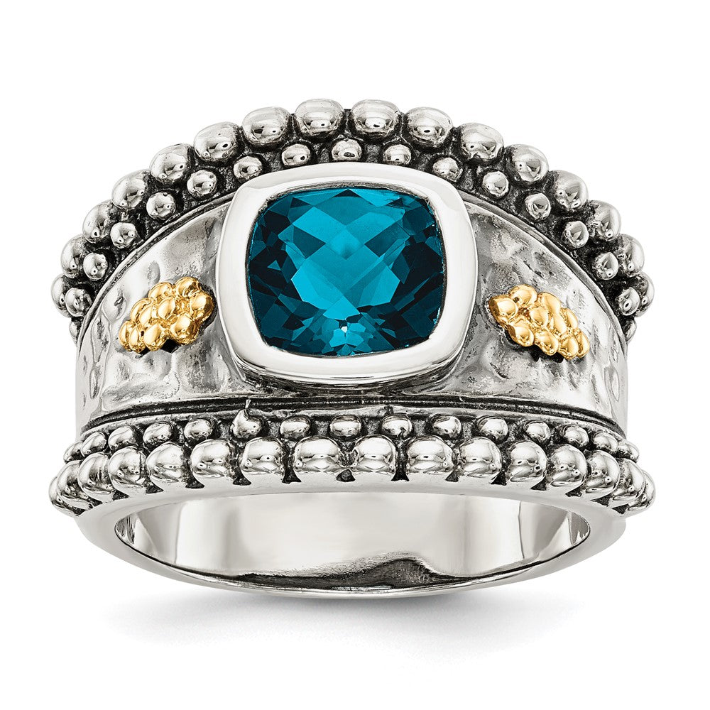 Shey Couture Sterling Silver with 14K Accent Antiqued Checkerboard Cushion London Blue Topaz Ring