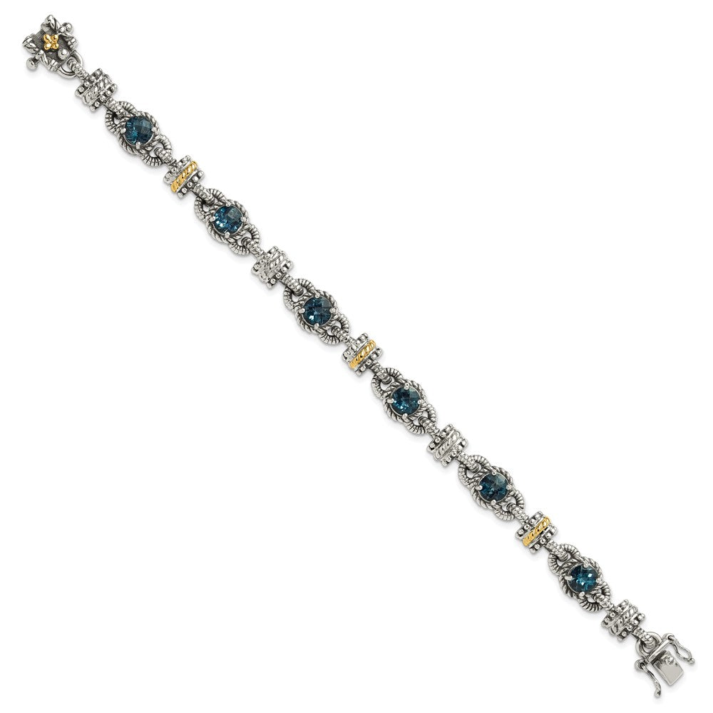 Shey Couture Sterling Silver with 14K Accent 7.25 Inch Antiqued Round London Blue Topaz Bracelet