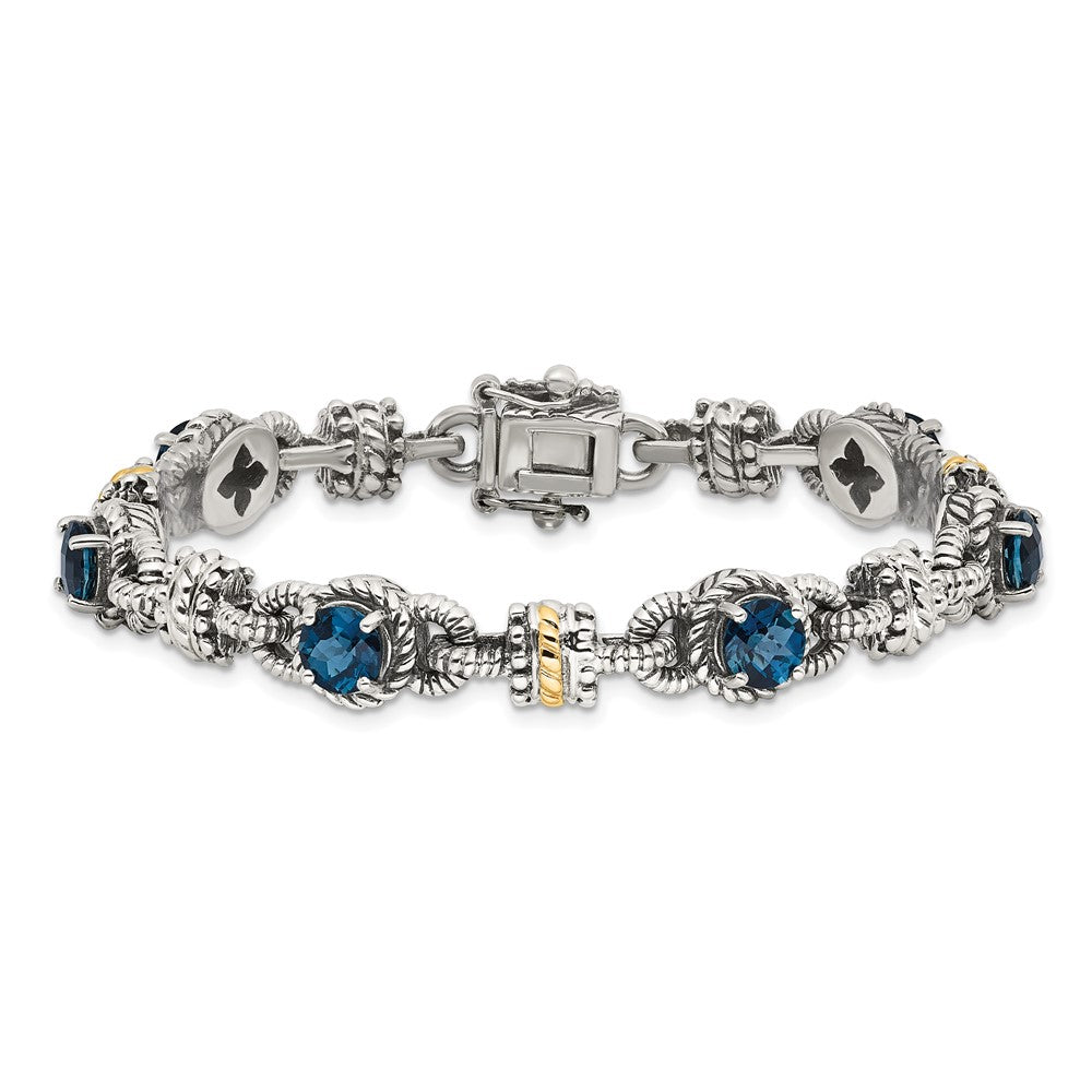 Shey Couture Sterling Silver with 14K Accent 7.25 Inch Antiqued Round London Blue Topaz Bracelet