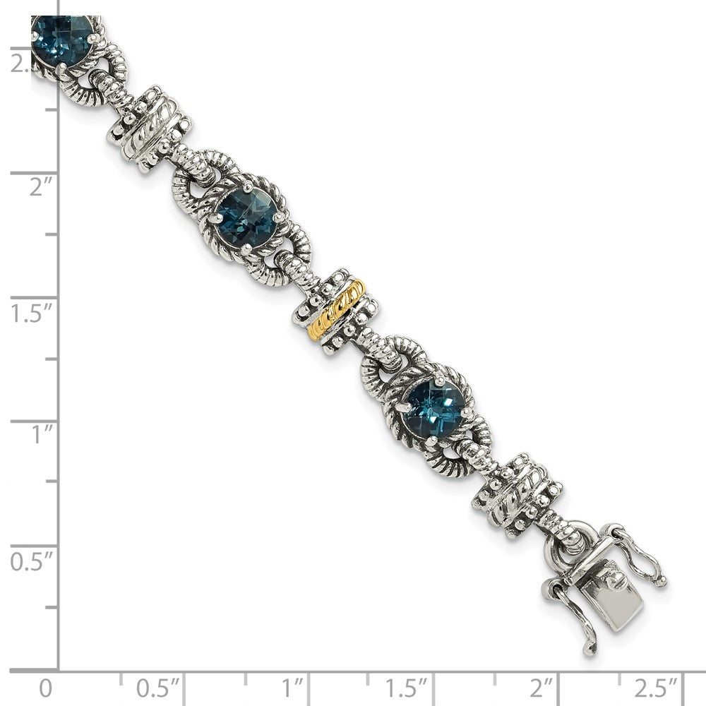 Shey Couture Sterling Silver with 14K Accent 7.25 Inch Antiqued Round London Blue Topaz Bracelet