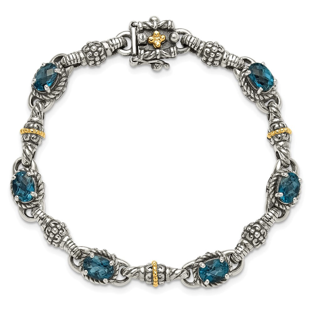 Shey Couture Sterling Silver with 14K Accent 7.25 Inch Antiqued Oval London Blue Topaz Bracelet