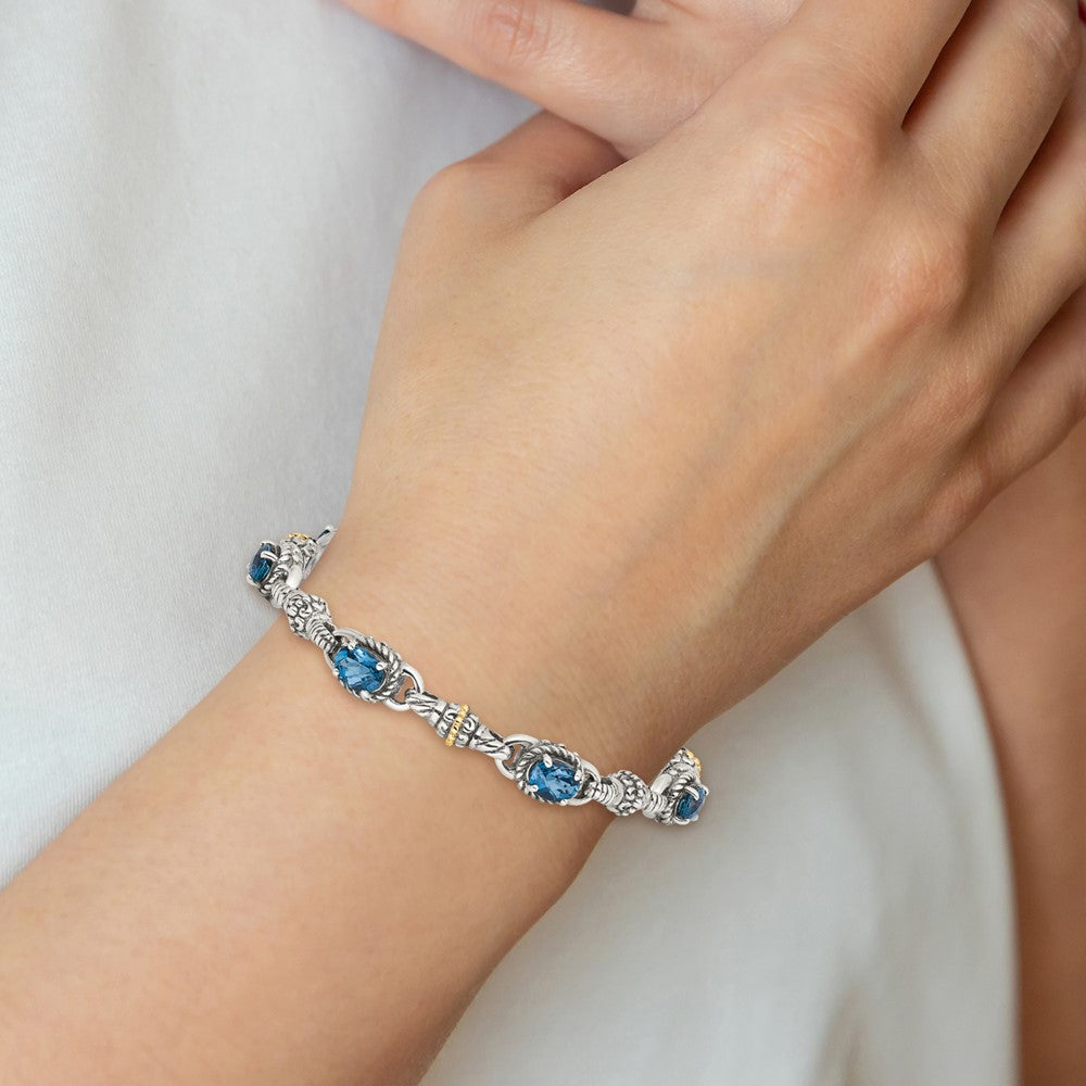 Shey Couture Sterling Silver with 14K Accent 7.25 Inch Antiqued Oval London Blue Topaz Bracelet