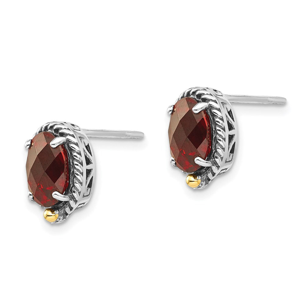 Shey Couture Sterling Silver with 14K Accent Antiqued Checkerboard Oval Garnet Post Earrings