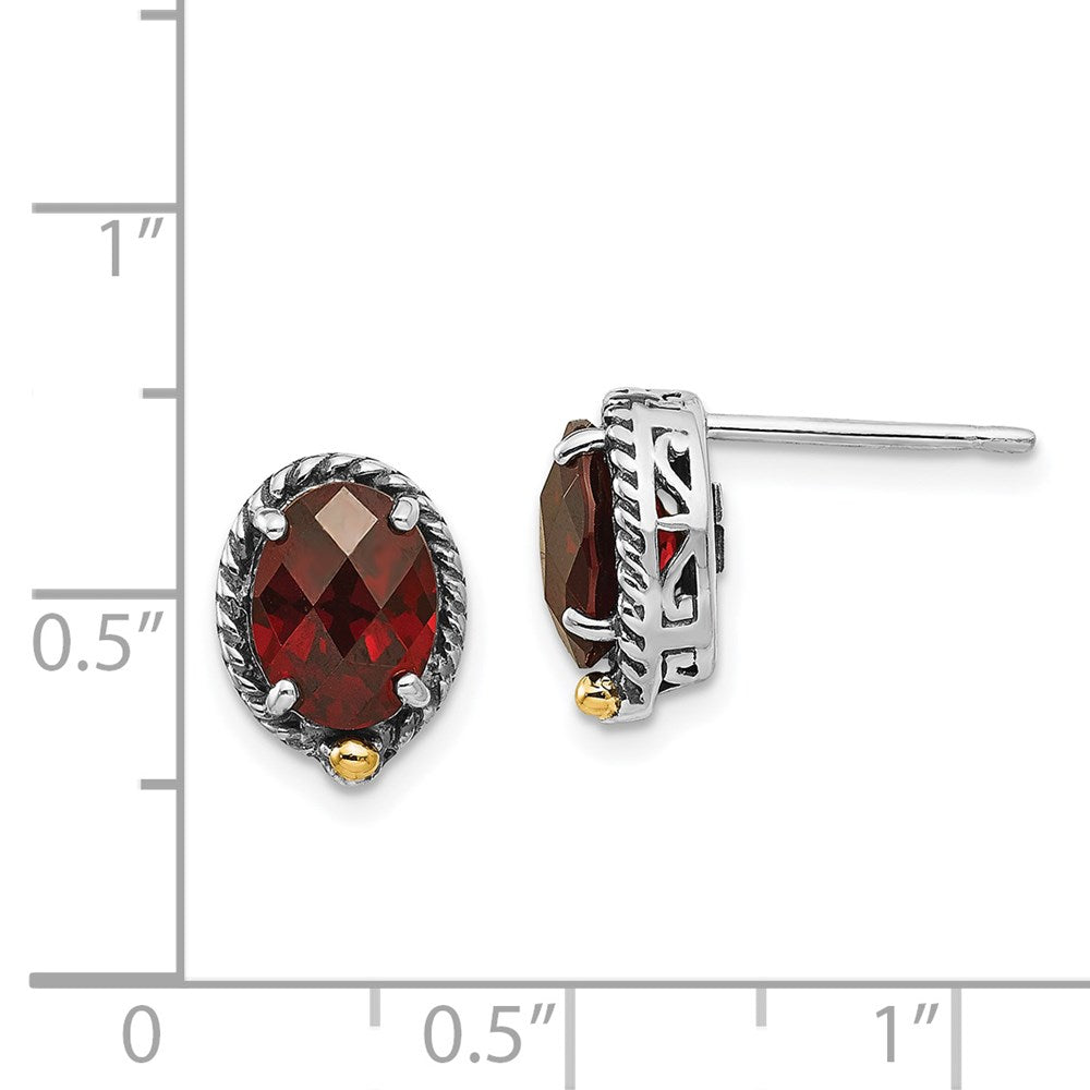 Shey Couture Sterling Silver with 14K Accent Antiqued Checkerboard Oval Garnet Post Earrings