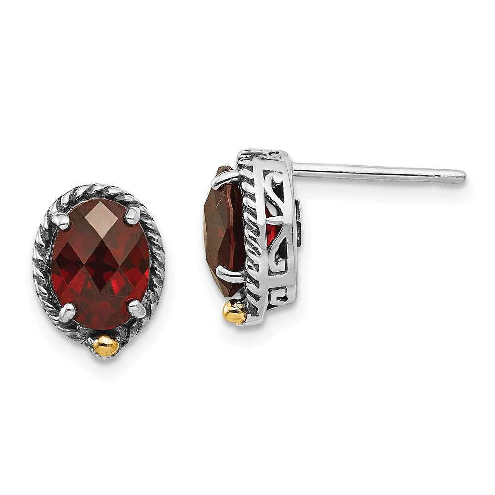 Shey Couture Sterling Silver with 14K Accent Antiqued Checkerboard Oval Garnet Post Earrings