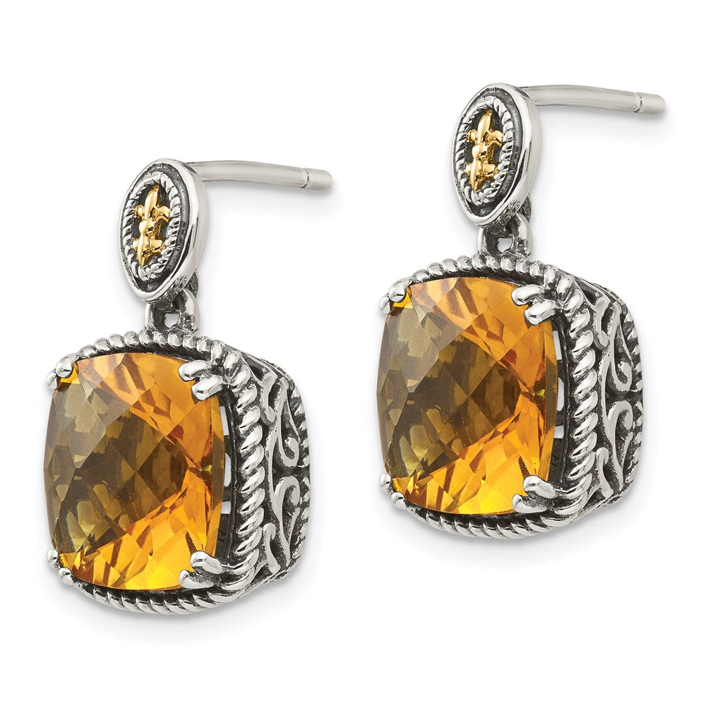 Shey Couture Sterling Silver with 14K Accent Antiqued Cushion Citrine Dangle Post Earrings