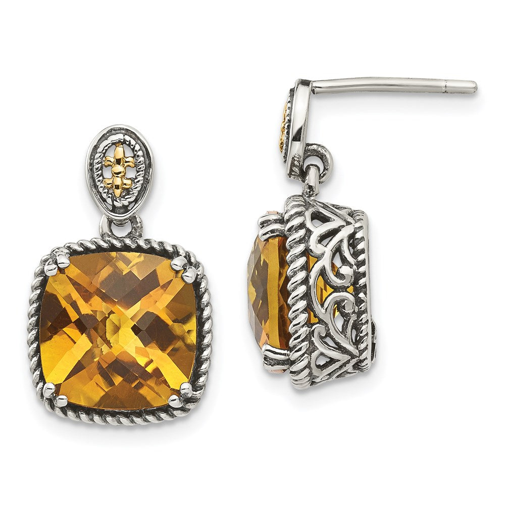 Shey Couture Sterling Silver with 14K Accent Antiqued Cushion Citrine Dangle Post Earrings