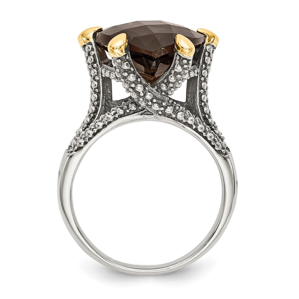 Shey Couture Sterling Silver with 14K Accent Antiqued Trillion Checkerboard Smoky Quartz Ring