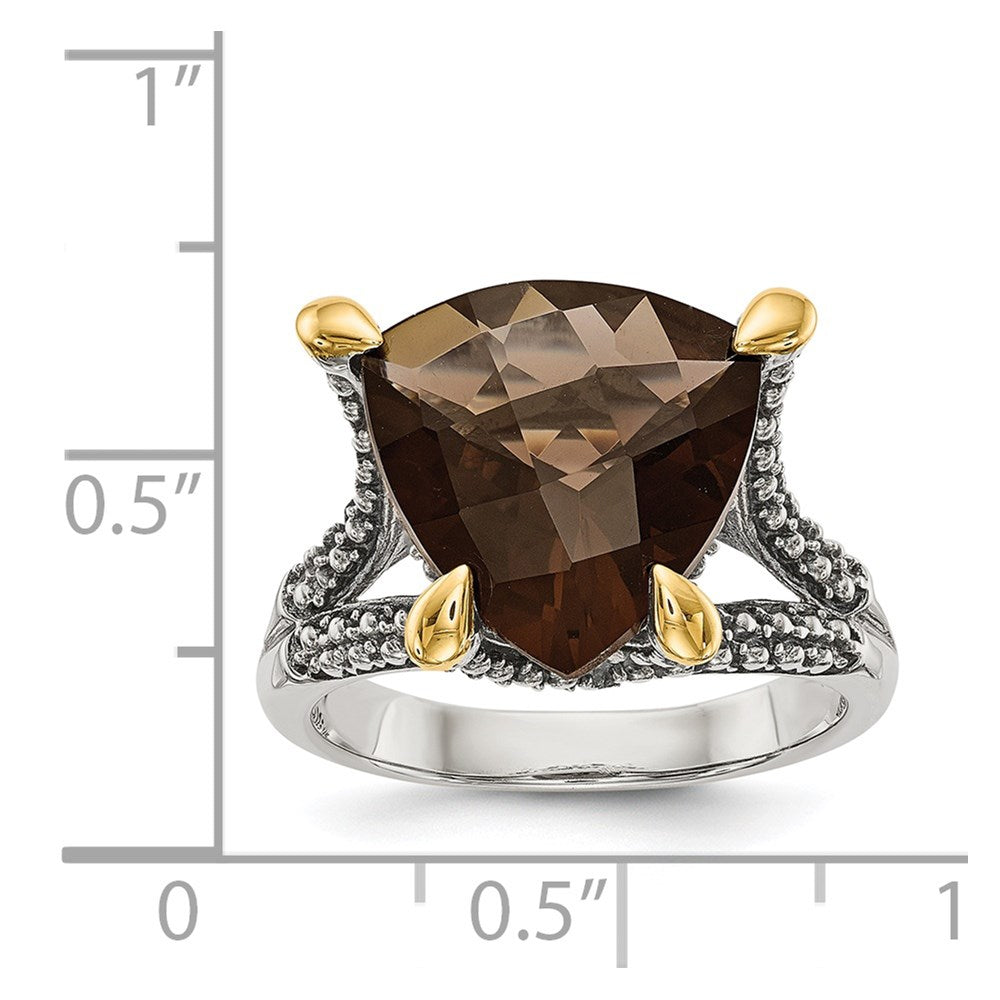 Shey Couture Sterling Silver with 14K Accent Antiqued Trillion Checkerboard Smoky Quartz Ring