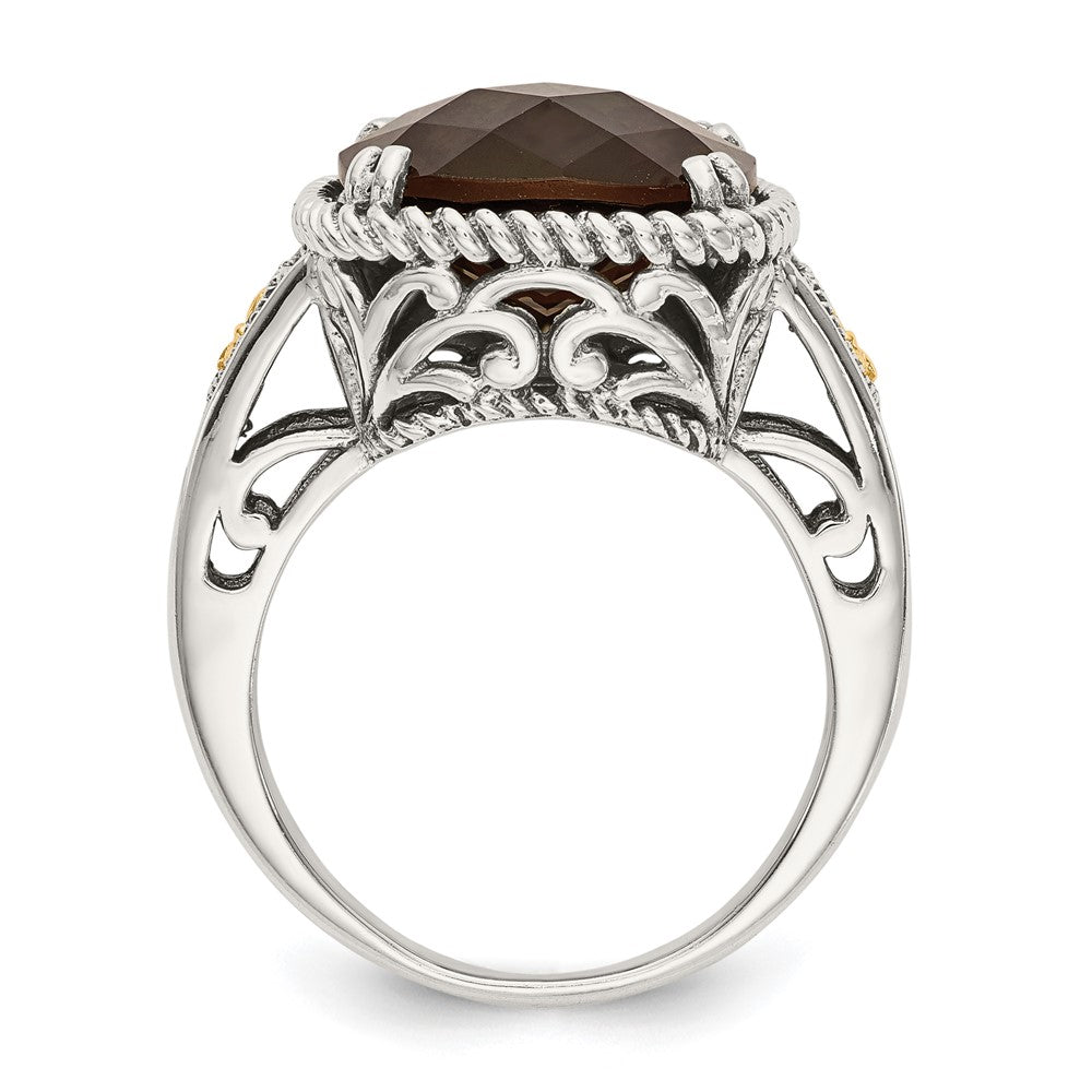 Shey Couture Sterling Silver with 14K Accent Antiqued Cushion Checkerboard Smoky Quartz Ring