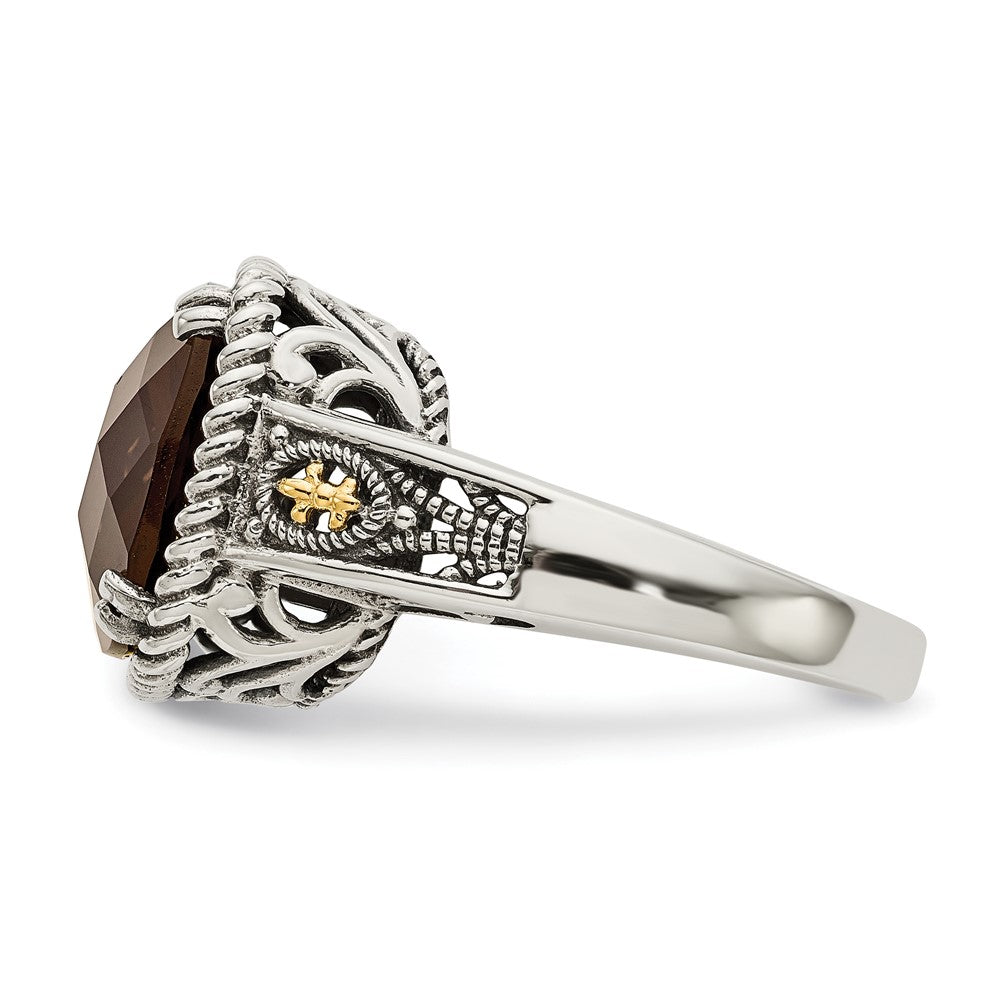 Shey Couture Sterling Silver with 14K Accent Antiqued Cushion Checkerboard Smoky Quartz Ring