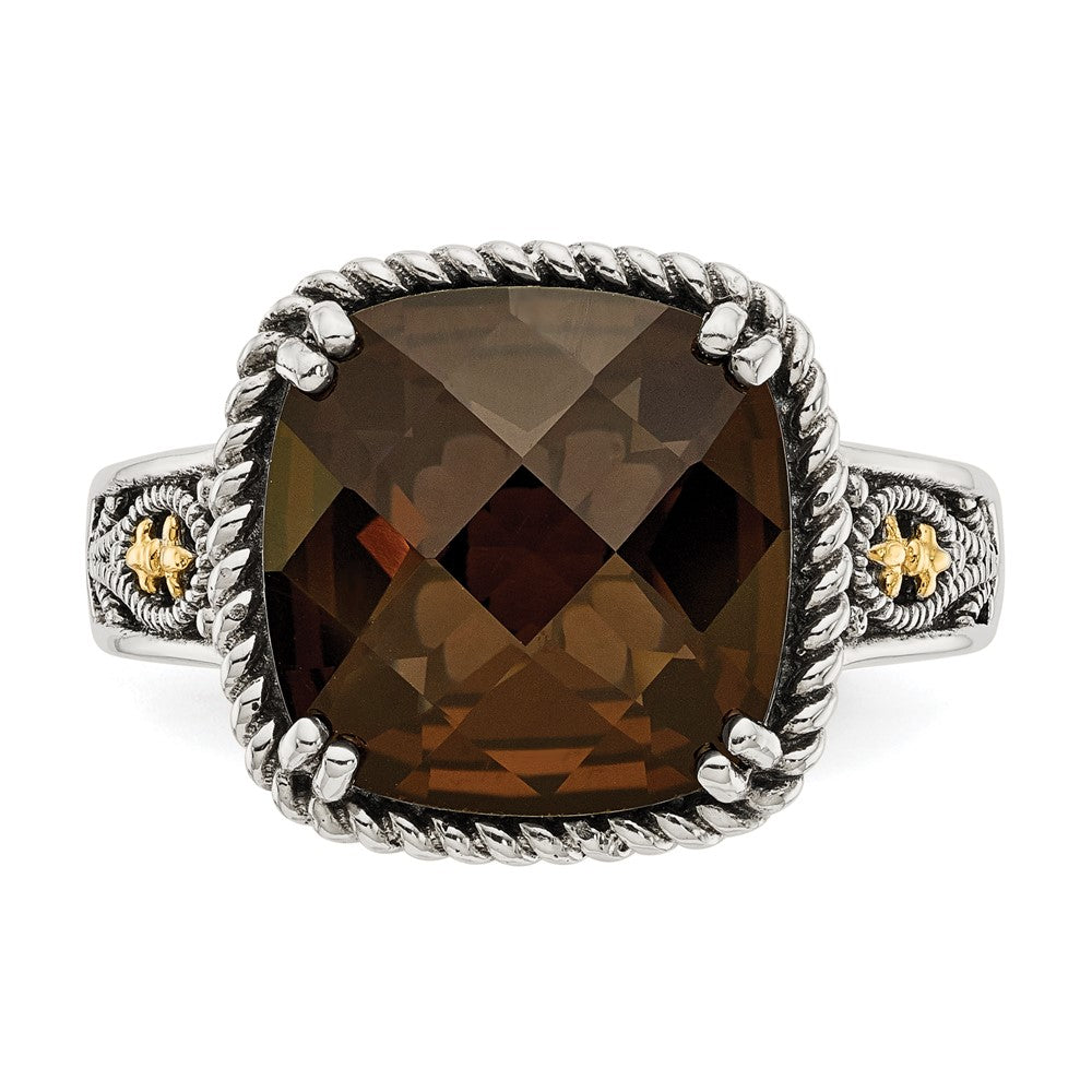 Shey Couture Sterling Silver with 14K Accent Antiqued Cushion Checkerboard Smoky Quartz Ring