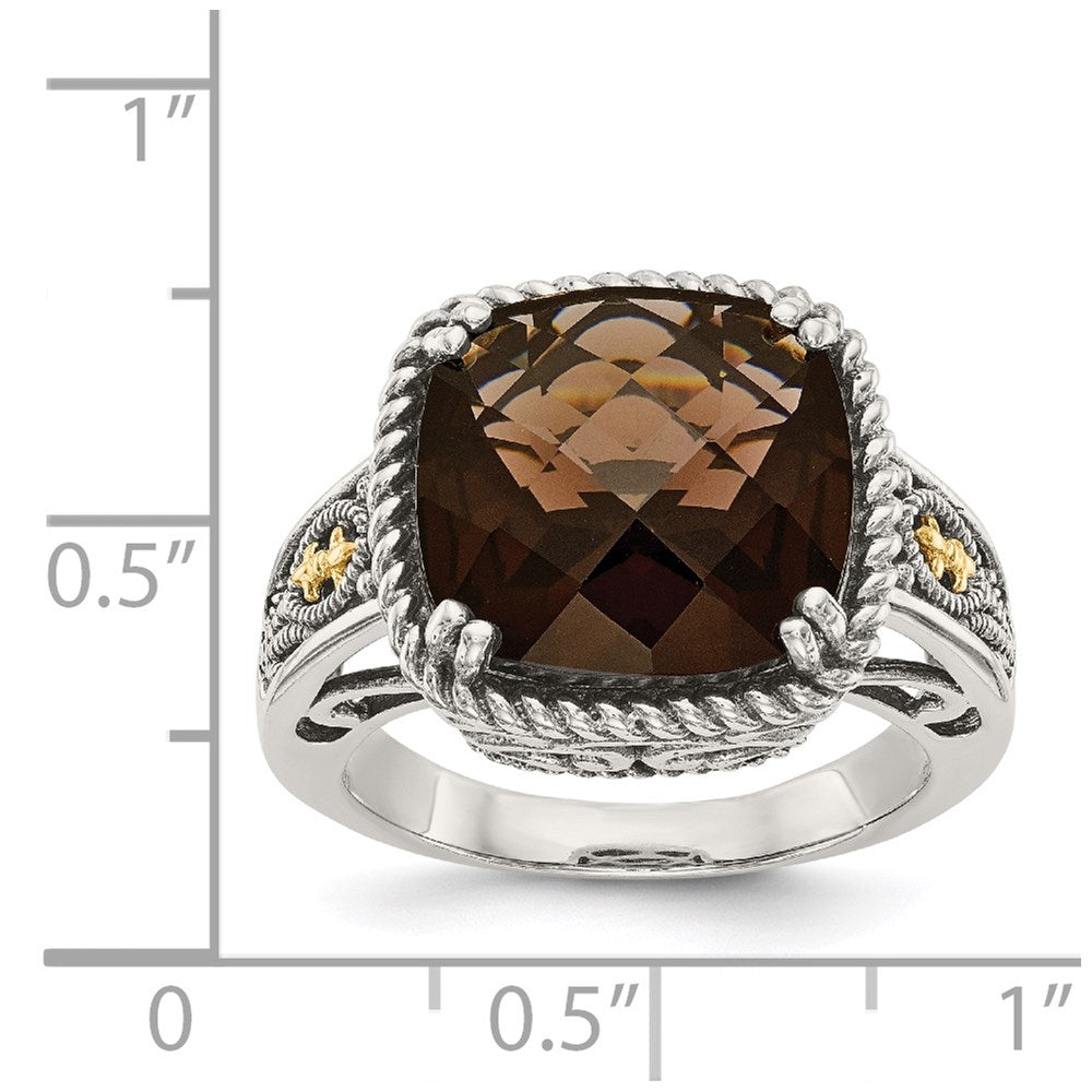 Shey Couture Sterling Silver with 14K Accent Antiqued Cushion Checkerboard Smoky Quartz Ring