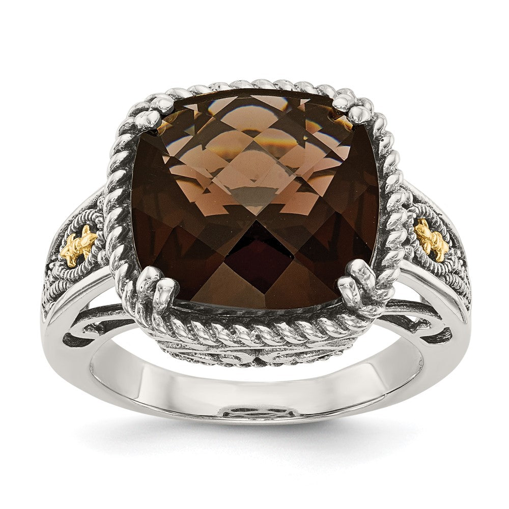 Shey Couture Sterling Silver with 14K Accent Antiqued Cushion Checkerboard Smoky Quartz Ring