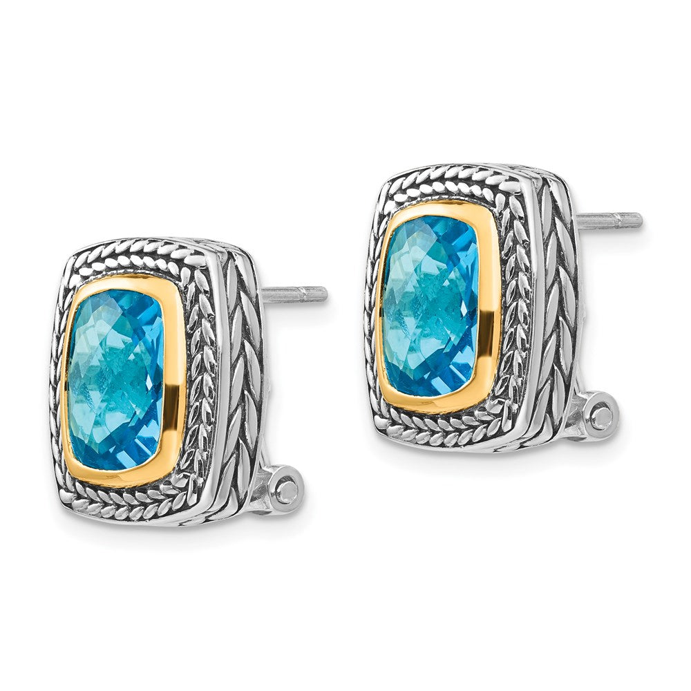 Shey Couture Sterling Silver with 14K Accent Antiqued Cushion Bezel Swiss Blue Topaz Omega Back Earrings