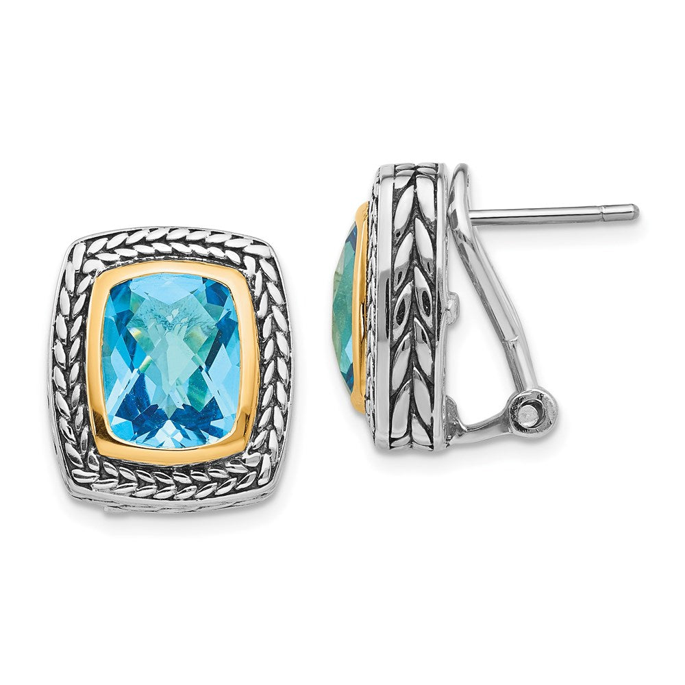 Shey Couture Sterling Silver with 14K Accent Antiqued Cushion Bezel Swiss Blue Topaz Omega Back Earrings