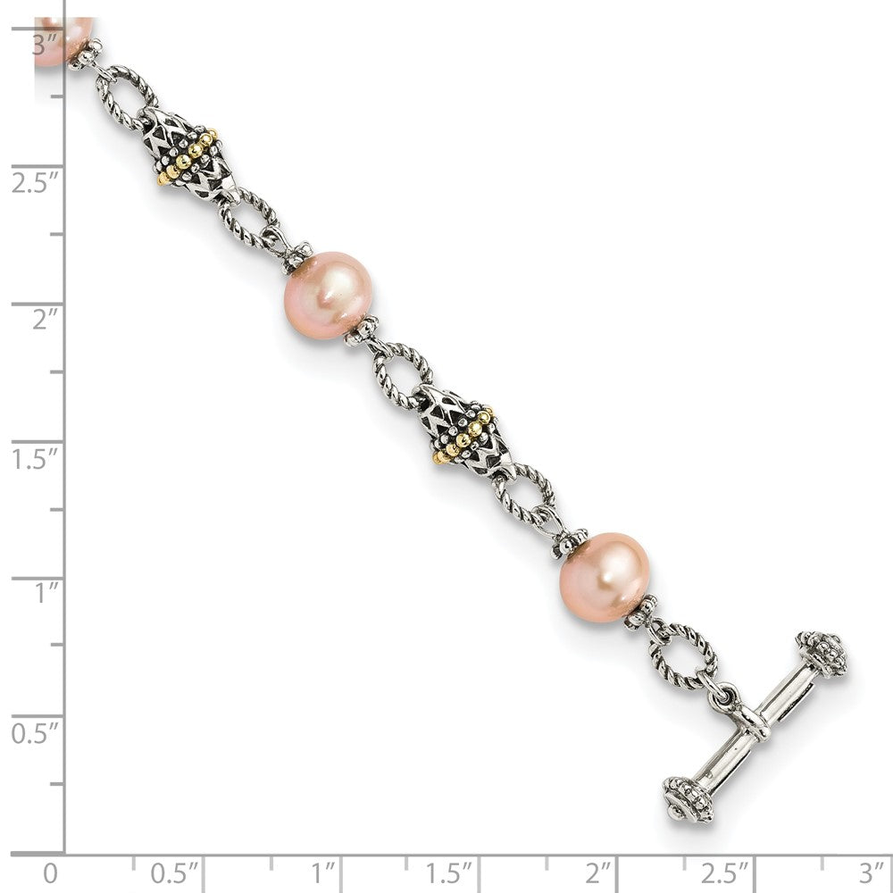 Shey Couture Sterling Silver with 14K Accent 7.5 Inch Antiqued 9-10mm Freshwater Cultured Pink Pearl Bracelet