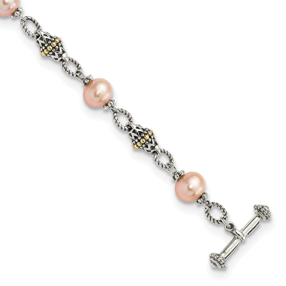 Shey Couture Sterling Silver with 14K Accent 7.5 Inch Antiqued 9-10mm Freshwater Cultured Pink Pearl Bracelet