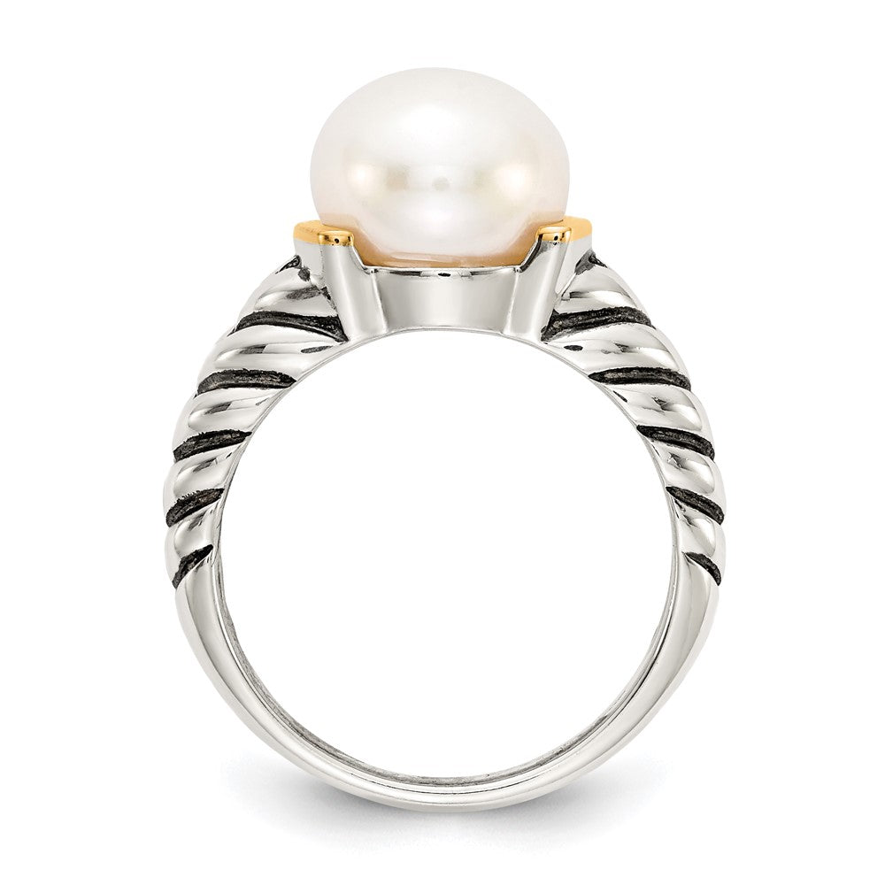 Shey Couture Sterling Silver with 14K Accent Antiqued 10mm Button Freshwater Cultured Pearl Ring