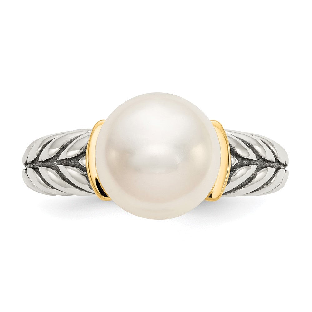 Shey Couture Sterling Silver with 14K Accent Antiqued 10mm Button Freshwater Cultured Pearl Ring