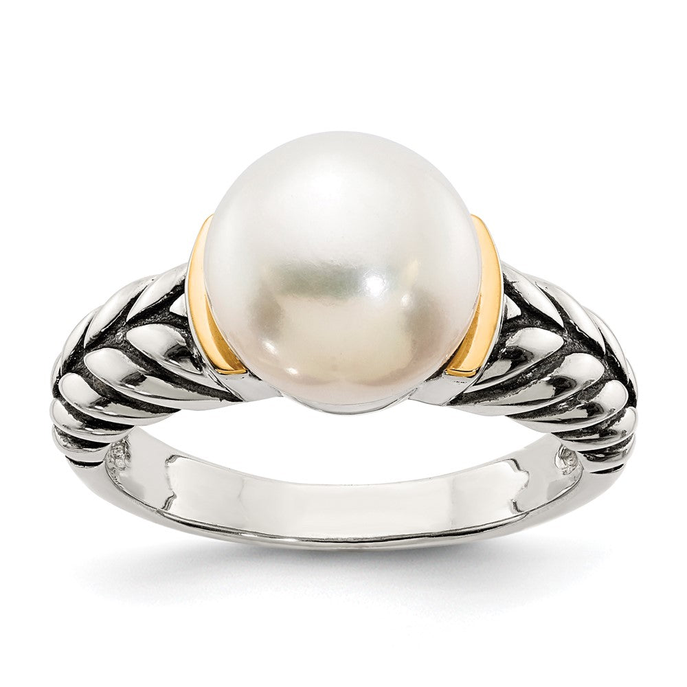 Shey Couture Sterling Silver with 14K Accent Antiqued 10mm Button Freshwater Cultured Pearl Ring