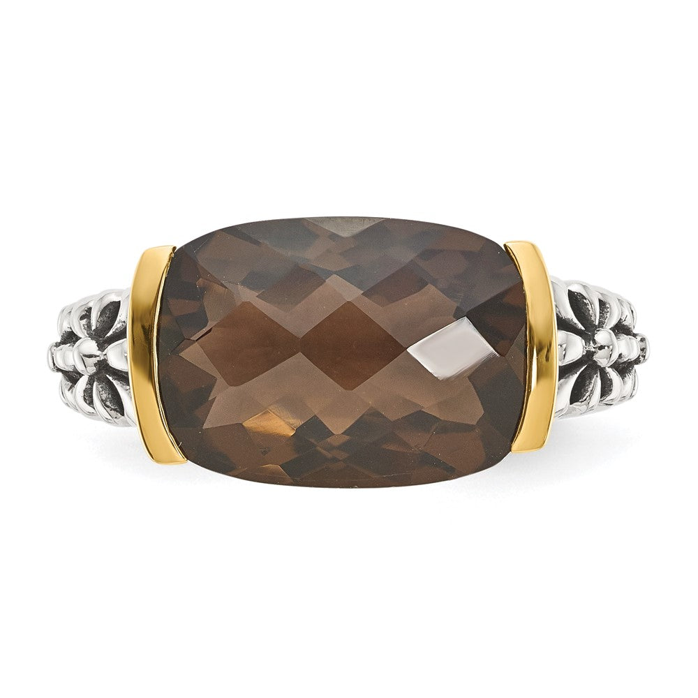 Shey Couture Sterling Silver with 14K Accent Antiqued Cushion Checkerboard Smoky Quartz Ring