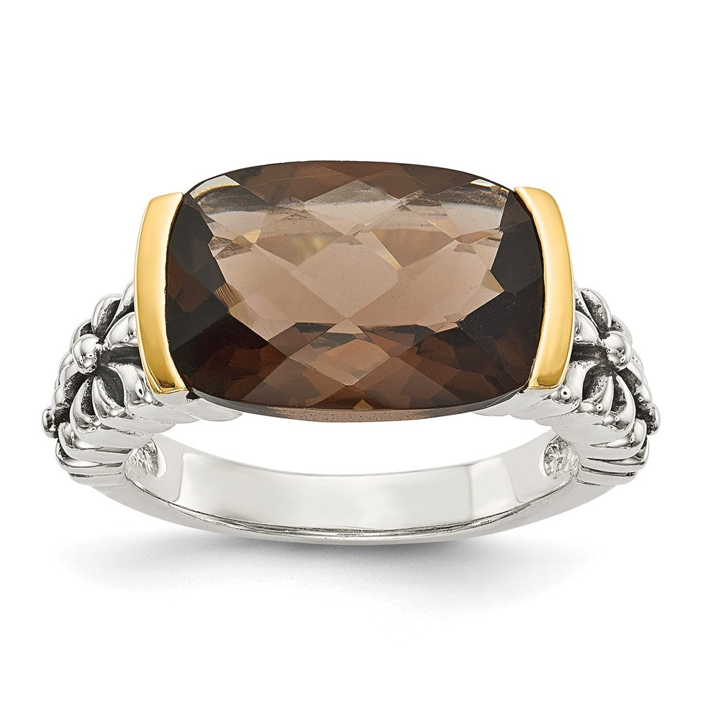 Shey Couture Sterling Silver with 14K Accent Antiqued Cushion Checkerboard Smoky Quartz Ring