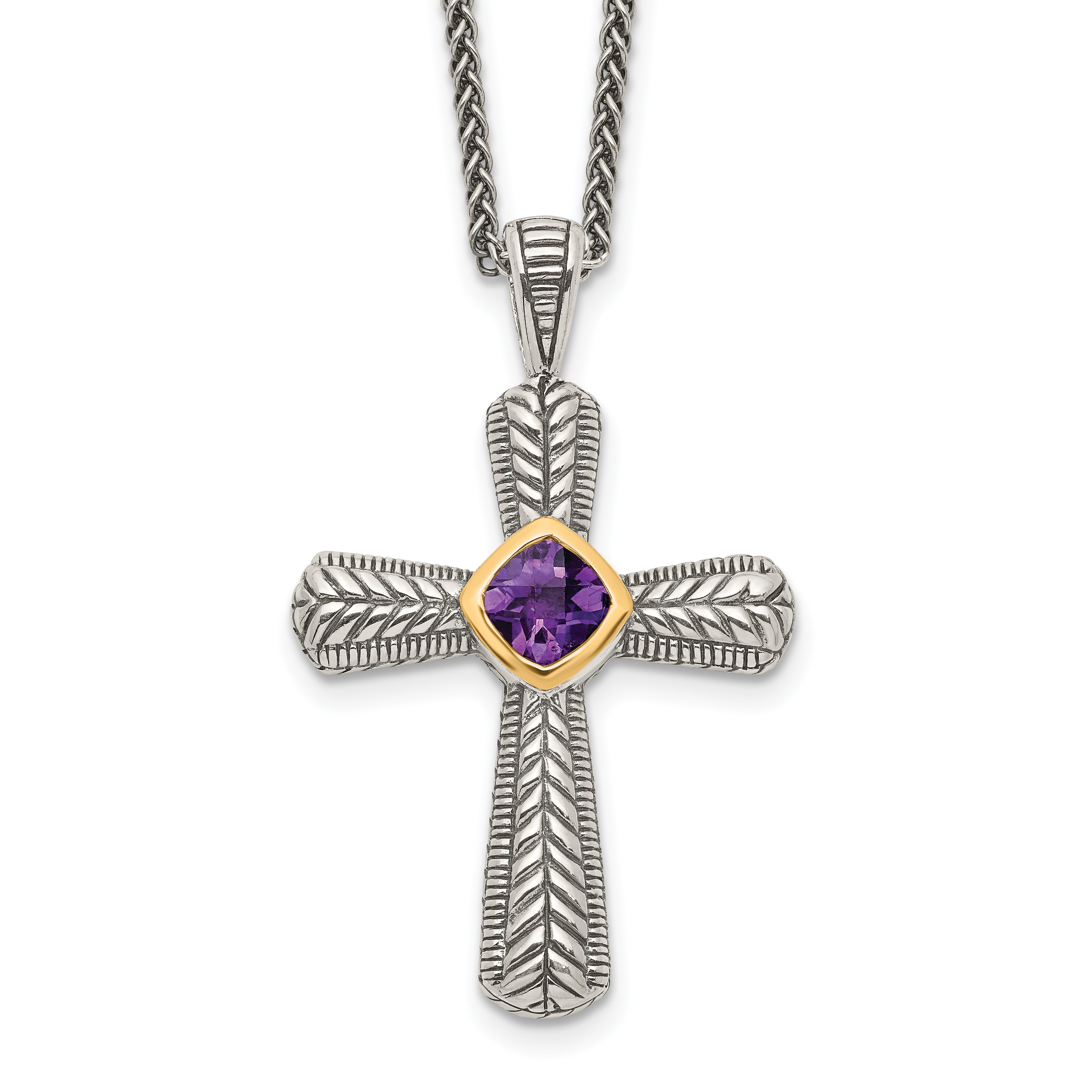 Sterling Silver w/14k Amethyst Cross Necklace QTC243