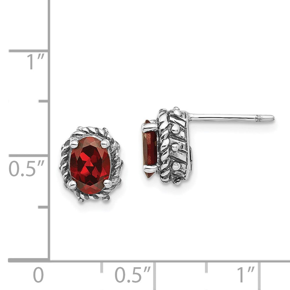 Shey Couture Sterling Silver Antiqued Oval Garnet Post Earrings