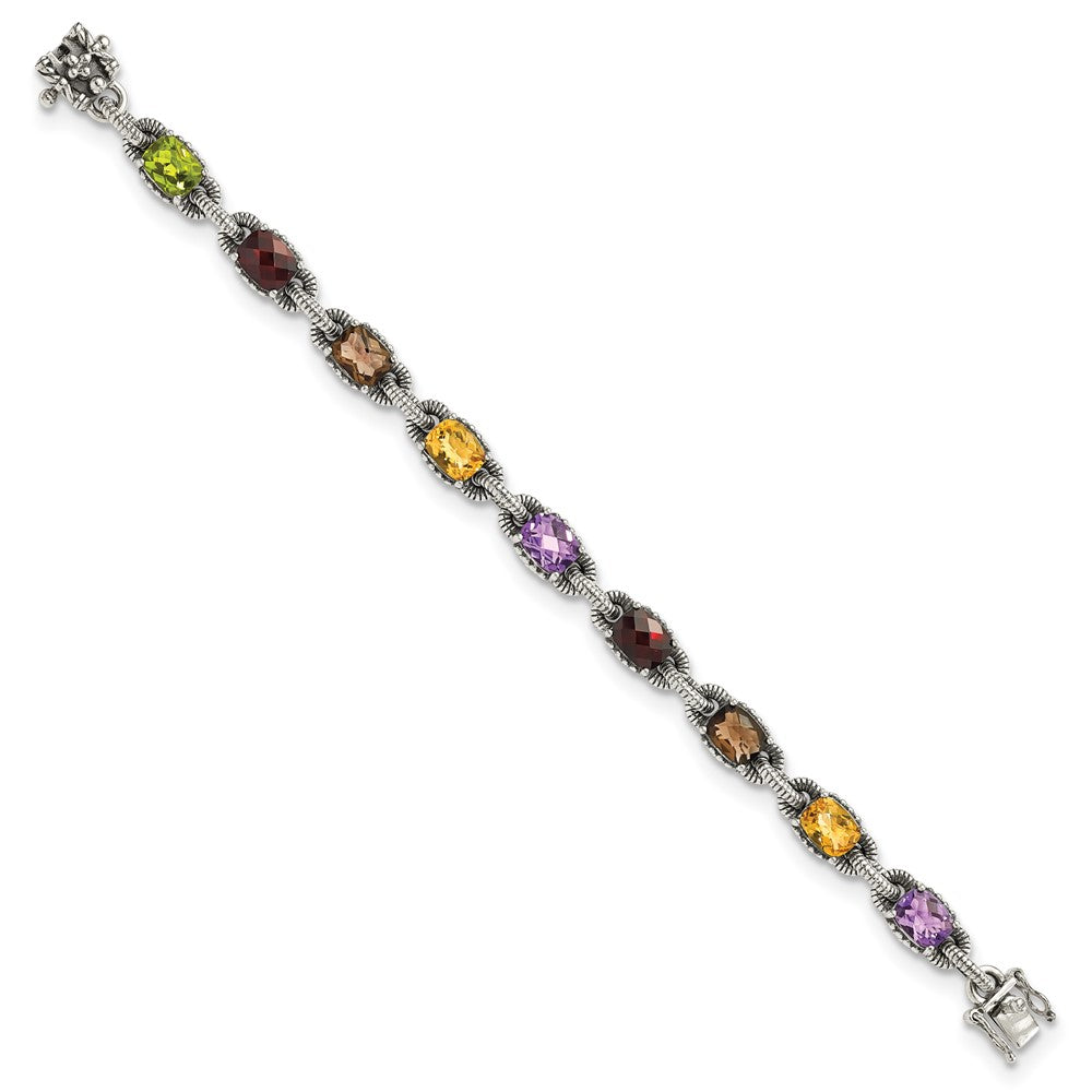 Shey Couture Sterling Silver 7.25 Inch Antiqued Cushion .86Amethyst/.86Citrine/1.10Garnet/.55Peridot/.86Smoky Quartz Bracelet